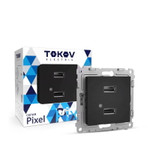 Розетка 2-м USB СП Pixel тип A+A 5В 1х2.1А 2х1.05А механизм карбон TOKOV ELECTRIC TKE-PX-2USB-C14, 1шт