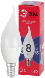 Лампочка светодиодная ЭРА RED LINE LED BXS-8W-865-E14 R E14 / Е14 8Вт свеча на ветру холодный дневной свет, 1шт