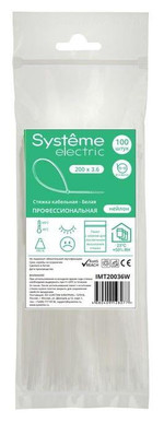 Стяжка кабельная 200х3.6 бел. (уп.100шт) SE IMT20036W, 1УП.100 шт.