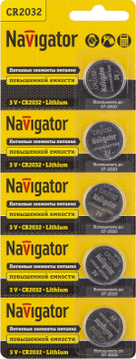 Элемент питания литиевый CR2032 94 765 NBT-CR2032-BP5 (блист.5шт) Navigator 94765, 1УП.5 шт.