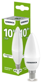 Лампа светодиодная C35 10Вт свеча 4000К E14 230В GENERICA LL-C35-10-230-40-E14-G, 1шт