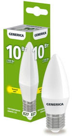 Лампа светодиодная C35 10Вт свеча 3000К E27 230В GENERICA LL-C35-10-230-30-E27-G, 1шт