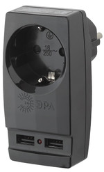 Разветвитель электрический ЭРА SP-1e-USB-B на 1 розетку + 2 USB с заземлением 16А черный, 1шт