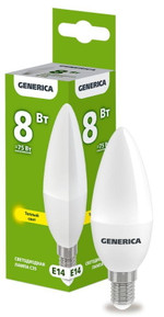 Лампа светодиодная C35 8Вт свеча 3000К E14 230В GENERICA LL-C35-08-230-30-E14-G, 1шт