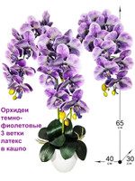 Искусственные Орхидеи темно-фиолетовые 3 ветки латекс в кашпо (Орхидеи в кашпо)