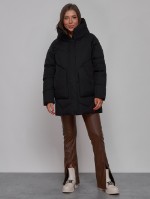 Зимняя женская куртка модная с капюшоном черного цвета 52362Ch