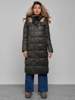 Пальто утепленное молодежное зимнее женское цвета хаки 57997Kh