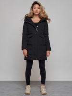 Зимняя женская куртка молодежная с капюшоном черного цвета 586832Ch