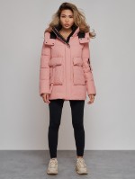 Зимняя женская куртка модная с капюшоном розового цвета 589827R