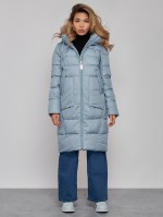 Пальто утепленное молодежное зимнее женское голубого цвета 589098Gl